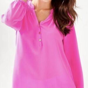 Lilly Pulitzer 100% Silk Fuchsia Pink Long-Sleeve V-Neck Henley Tunic